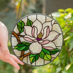 Nature Lovers' Elegant Tiffany Stained Glass Magnolia Bloom Blush Pink Magenta Emerald Green Clear Glass Mosaic Stained Glass Suncatcher