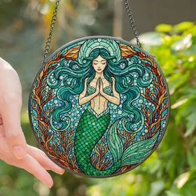 Fantasy Art Lovers' Detailed Stained Glass Mermaid Mosaic Ocean Coral Teal Blue Green Jewel Tones Stained Glass Suncatcher