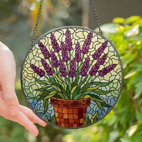 Garden Lovers' Tiffany Glass Lavender Floral Mosaic Pot Jewel Tone Swirl Pattern Stained Glass Suncatcher