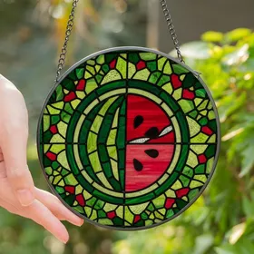 Vibrant Art Lovers' Glowing Stained Glass Watermelon Mosaic Jewel Tones Stained Glass Suncatcher