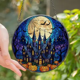 Halloween Enthusiasts' Gothic Jewel Tone Stained Glass Haunted Village Full Moon Mosaic Stained Glass Suncatcher