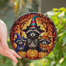 Halloween Lovers' Tiffany Stained Glass Raccoon Witch Jack-o'-Lantern Autumn Mosaic Art Stained Glass Suncatcher