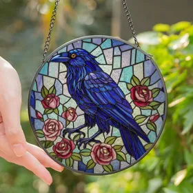Nature Art Lovers' Majestic Indigo Violet Raven Rose Jewel Tone Stained Glass Mosaic Stained Glass Suncatcher