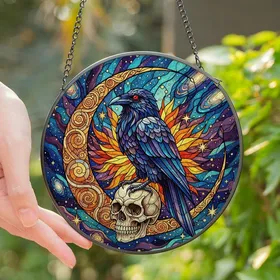 Gothic Fantasy Lovers' Tiffany Stained Glass Raven Skull Cosmic Moon Jewel Tones Stained Glass Suncatcher