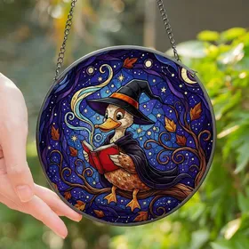 Whimsical Art Lovers' Stained Glass Duck Sorceress Red Spellbook Jewel Tone Celestial Night Stained Glass Suncatcher