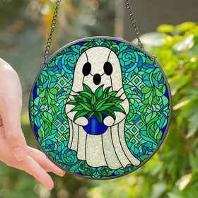 Whimsical Art Lovers' Intricate Stained Glass Friendly Ghost Plant Mosaic Jewel Tones Stained Glass Suncatcher