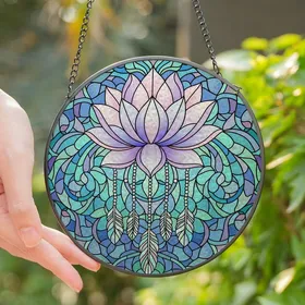 Art Lovers' Glowing Tiffany Stained Glass Lotus Feather Pale Pink Lavender Aqua Violet Stained Glass Suncatcher