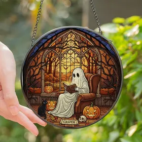 Cozy Gothic Art Lovers' Stained Glass Mosaic Friendly Ghost Reading Black Cat Jack-o'-lanterns Autumnal Window Jewel Tones Stained Glass Suncatcher