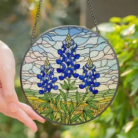 Nature Lovers' Tiffany Bluebonnet Sapphire Blue Emerald Green Floral Mosaic Stained Glass Suncatcher