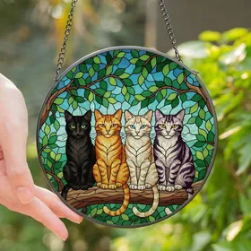 Cat Lovers' Tiffany Stained Glass Black Ginger Cream Purple Cats Tree Branch Floral Mosaic Stained Glass Suncatcher