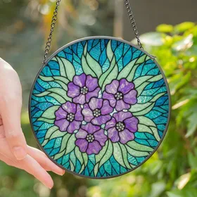 Art Admirers' Glowing Purple Flowers Mint Leaves Iridescent Teal Aqua Stained Glass Mosaic Stained Glass Suncatcher