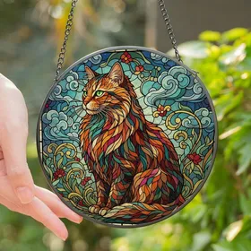 Cat Lovers' Majestic Stained Glass Cat Mosaic, Vibrant Tiffany Jewel Tones, Intricate Patterns Orange Teal Emerald Stained Glass Suncatcher