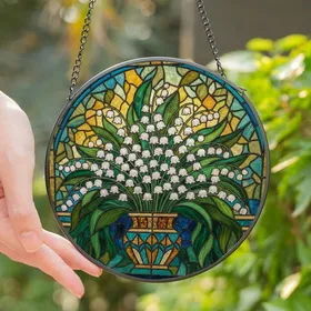 Nature Lovers' Vibrant Tiffany Stained Glass Lily of the Valley Floral White Lavender Mosaic Stained Glass Suncatcher
