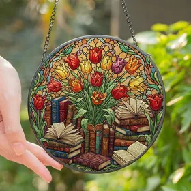 Book Lovers' Luminous Stained Glass Tulips & Books Edge-to-Edge Jewel Tone Floral Mosaic Stained Glass Suncatcher