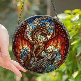 Fantasy Art Lovers' Majestic Dragon Stained Glass Edge-to-Edge Mosaic in Fiery Jewel Tones Stained Glass Suncatcher
