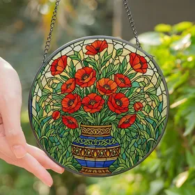 Art Lovers' Vibrant Red Orange Poppy Stained Glass Tiffany Mosaic Pattern Stained Glass Suncatcher