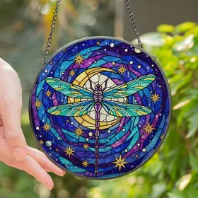 Cosmic Art Lovers' Tiffany Stained Glass Dragonfly Crescent Moon Nebula Teal Purple Gold Stained Glass Suncatcher