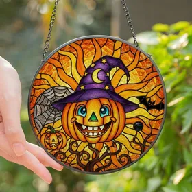 Halloween Lovers' Intricate Cheerful Stained Glass Jack-o'-Lantern Witch Hat Orange Blue Mosaic Stained Glass Suncatcher