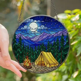Outdoor Enthusiasts' Tiffany Glass Vibrant Yellow Bell Tent Starry Night Mountain Mosaic Stained Glass Suncatcher