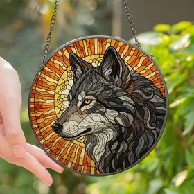Wildlife Enthusiasts' Stained Glass Wolf Profile Radiant Sun Mosaic Grey Orange Yellow Stained Glass Suncatcher