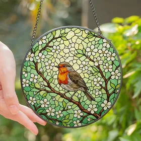 Nature Lovers' Vibrant Stained Glass European Robin Floral Mosaic Art Pattern Stained Glass Suncatcher