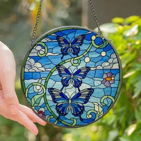 Nature Lovers' Tiffany Style Stained Glass Royal Blue Sky Grey Butterfly Vine Mosaic Stained Glass Suncatcher