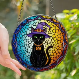 Cat Lovers' Vibrant Stained Glass Mystical Black Cat Purple Witch Hat Jack-o'-Lantern Charm Jewel Tone Mosaic Art Stained Glass Suncatcher