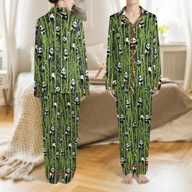 Panda Enthusiast Pajama Set: Playful Cartoon Pandas in Vibrant Lime Green Bamboo Forest Pattern Satin Pajamas Set