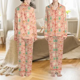 Kids' Whimsical Hand-drawn Pizza Slices, Bunny, Starburst Pattern in Peach-Pink, Mint, Yellow Satin Pajamas Set Satin Pajamas Set