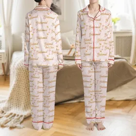 Bridesmaids' Light Blush Pink Metallic Gold Calligraphy 'Bridesmaid' 'Maid of Honor' Golden Crown Rose T Monogram Pattern Satin Pajamas Set Satin Pajamas Set