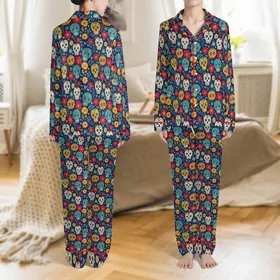 Women's Floral Sugar Skull Pajamas: Folk Art Marigold Pattern - Indigo Sleep Set Satin Pajamas Set