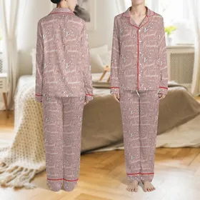 Women's Elegant Blush Pink White Bridal Script Rose Lily Outline Pattern Satin Pajamas Set Satin Pajamas Set