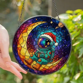 Space Dreamers' Tiffany Stained Glass Astronaut Moonscape Golden Teal Orange Jewel Tone Pattern Stained Glass Suncatcher