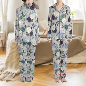 Bridesmaid Women's  Painterly Peony Floral Rayon Cotton Long Sleeve Long Pants Sleepwear Kid Satin Pajamas Set