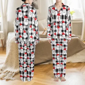 Christmas Pajama Sets: Santa & Black White Plaid Cotton Flannel Satin Pajamas Set