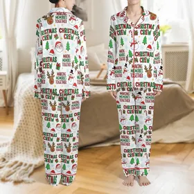 Family Christmas 2025 Crew: Making Memories Festive Seamless Pattern Digital PNG Design Satin Pajamas Set
