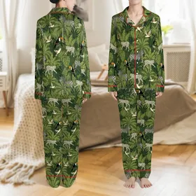 Women's Indian Deep Olive Jungle Print Pajama Set: Hand-Drawn Leopard Zebra Cotton Sleepwear Satin Pajamas Set
