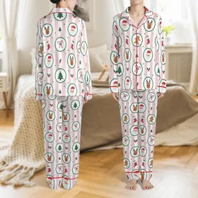 Unisex Family Holiday Loungewear: Vintage Striped Santa, Gingerbread & Reindeer Design Satin Pajamas Set