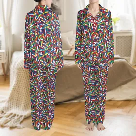 World Explorer Vibrant International Flag Mosaic Print Satin Pajamas Set