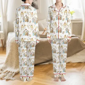 Joyful Christmas Celebration: Whimsical Nativity Scene, Angels, Golden Stars & "Joy to the World" Script Design Satin Pajamas Set