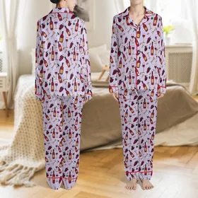 Wine Lover Women's Short Satin Pajamas: Stylized Bottle & Grape Pattern - Lavender Sleep Set Satin Pajamas Set