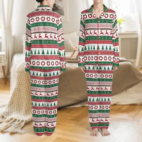 Family Christmas Loungewear: Fair Isle Reindeer Tree Wreath Red Green Pattern - Cozy Spandex Blend Sleep Set Satin Pajamas Set