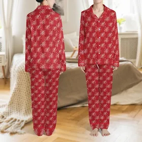 Sophisticated Style: Ruby Red Intertwined White Script Lettering Design -  Wearable Satin Pajamas Set