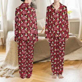 Custom Family Christmas Pajamas: Whimsical Tricolor Dog Faces, Merry Christmas Text & Snowflakes Sleepwear Satin Pajamas Set