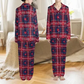 Personalized Couple's Deep Red Navy Plaid Heart Crown Flannel Sleep Set Satin Pajamas Set