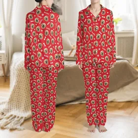Unisex Custom Pet Portrait Loungewear: Red Golden Retriever Face, Bone, Paw & Buddy Pattern Satin Pajamas Set