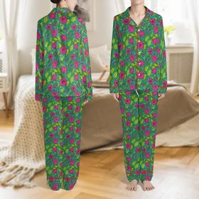 Women's Turquoise Poppy Hand Block Print Cotton Poplin Winter Loungewear Set Satin Pajamas Set