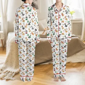 Women's & Kids' Festive Sheltie Dog Christmas Pattern Silky Satin Sleepwear Set Satin Pajamas Set