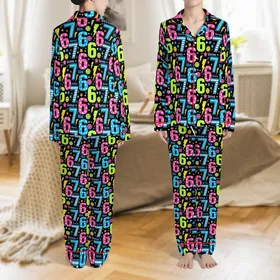 Coquette Six Seven Meme Pajamas: Viral Smiley Numbers, Neon Doodles & Stars Knit Sleep Set Satin Pajamas Set