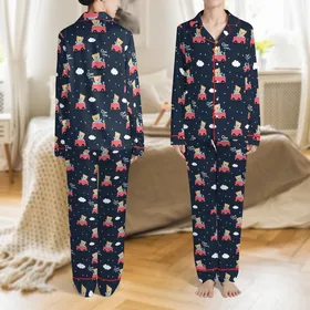 Women's & Kids' Navy Christmas Pink Train Bear 'Choo Choo' Satin Sleep Set Satin Pajamas Set